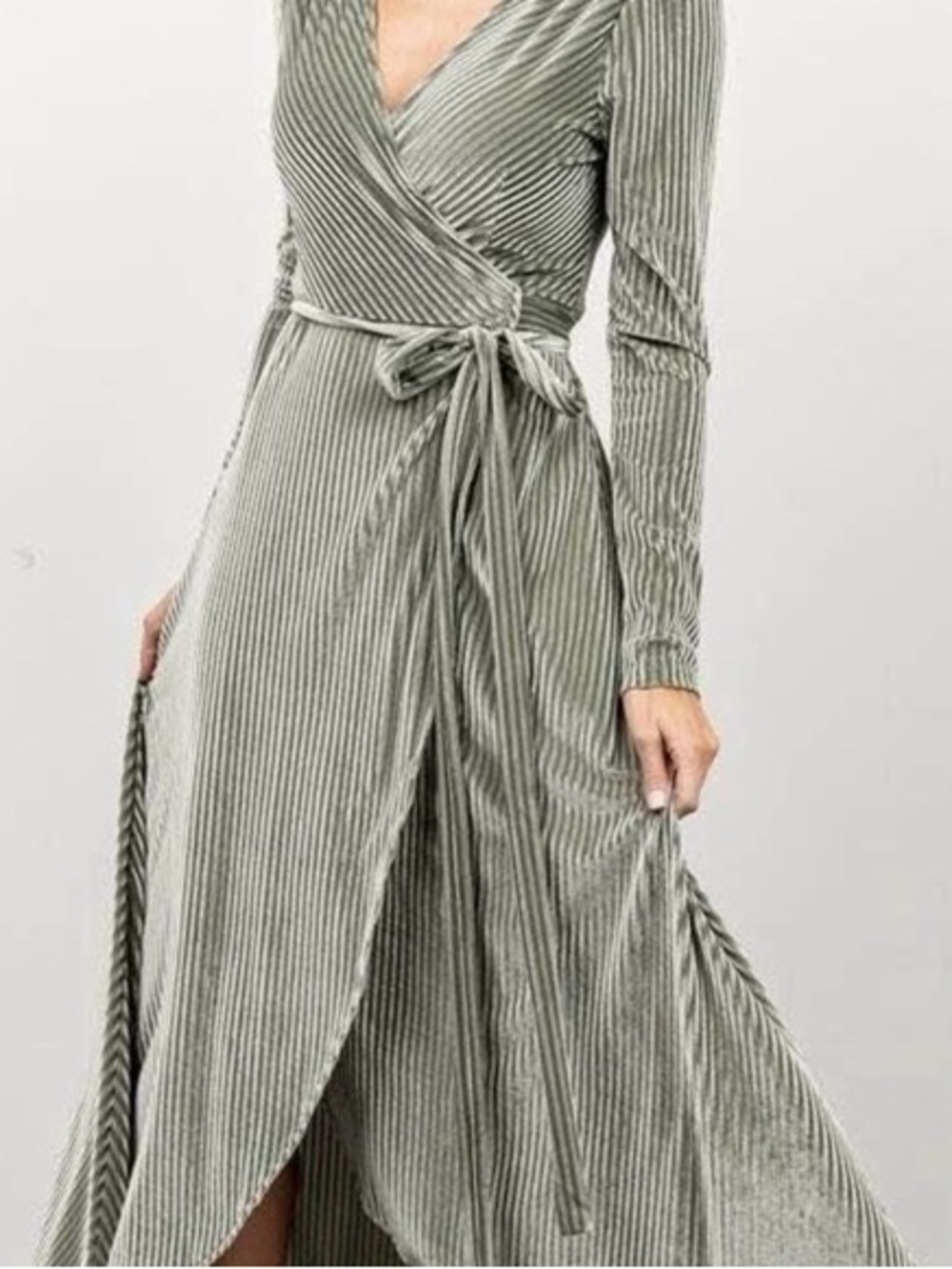 Baltic Born Sage Green Velvet Pleated Wrap Maxi Dress